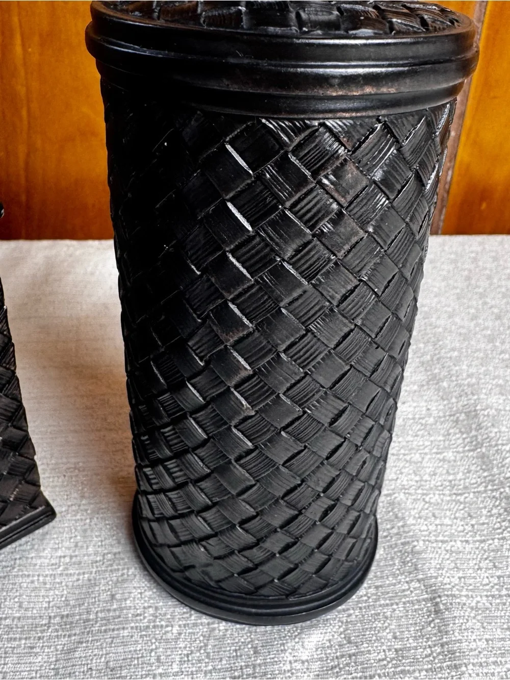 Black Woven Resin Bathroom Accessory Set - Pump Dispenser & Organizer